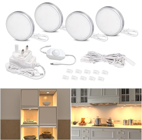 WOBANE Dimmable Under Cabinet Kitchen Lights,Set of 4,Super Bright Display Cabinet Lighting,Warm White LED Puck Light,Stick on Lights for Cupboard,Shelf,Bookcase,2700K,112LEDs