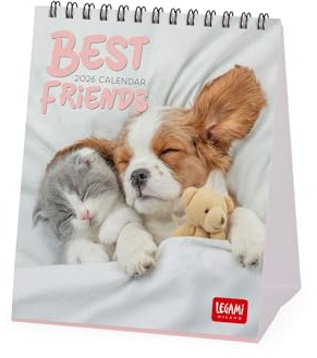 Legami - Tischkalender 2026, Best Friends, 12 Monate und Jahresplaner, in 6 Sprachen, Tierkreiszeichen, Internationale Feiertage, 12 x 14,5 cm.