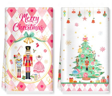 Arquiel Nutcracker Christmas Tree Microfiber Kitchen Towels, Soft Absorbent Pink Hand Towel 40 × 60 cm, Thick Dish Cloth for Christmas Party Holiday Decoration Housewarming Gifts
