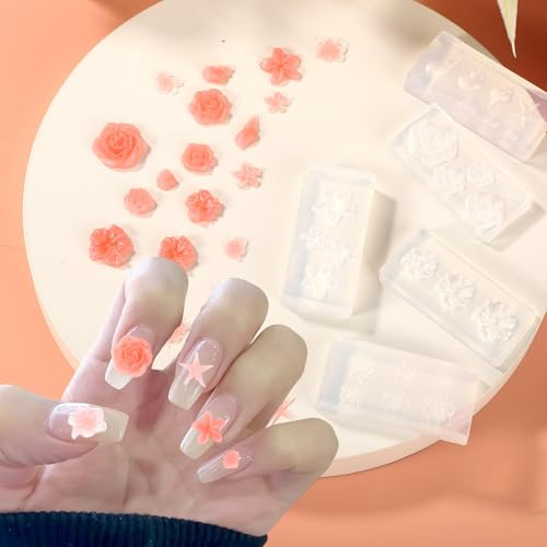 Lyreh 5pcs Moule Silicone Ongles, Moules à Ongles Silicone Réutilisables Forme Fleurs 3D Accessoires Manucure Pratiques pour Sculpter Fleurs Cerisier Roses Océans Breloques