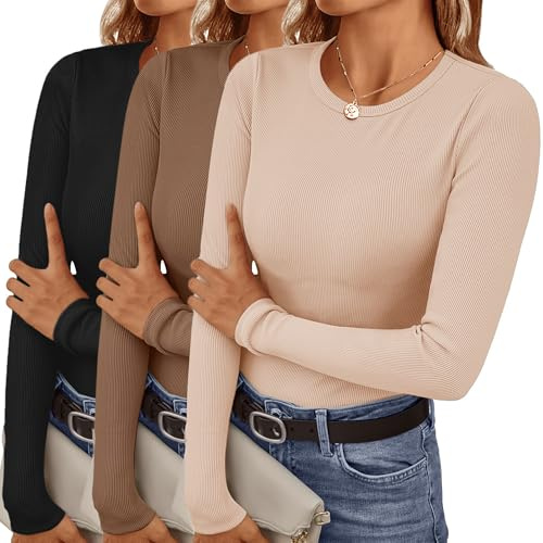 Ekouaer Langarmshirt Damen Rundhlas Basic Tops Unterhemd Layer Tee Warm Thermo Oberteil Slim Fit 3 Pack, S-XXL