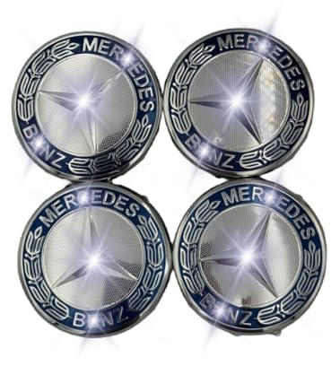Set of 4 Silver and Navy Blue Alloy Wheel Centre Hub Caps – 75mm Car Rim Emblems with Laurel Design – Replacement Wheel Badge Covers for Luxury Vehicles