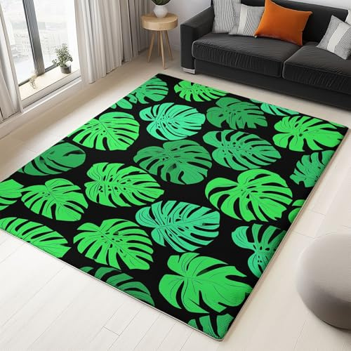 Tropical Plant Monstera Leaf Washable Rugs 80 x 150 cm, Soft Shaggy Low-Pile Indoor Carpet - Non Slip Green Area Rug for Living Room Bedroom Playroom Dining Room