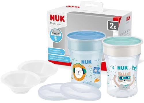 NUK Magic Cup 2er Set – Löwe & Katze, 230ml + 2 Ersatzdeckel & 2 Trinktüllen – BPA-frei, auslaufsicherer Baby Trinkbecher