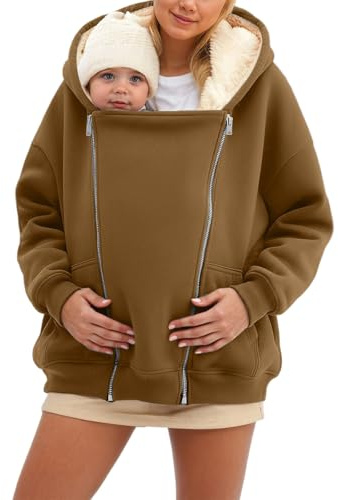 Dasongff 3 en 1 Polaire Kangourou Softshell Maternité Porter Veste Polaire avec Capuche, Veste de Maternité Femme Manches Longues Pull Chaud avec Fermeture Éclair Vestes de Portage