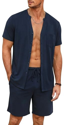 Demegimi Pyjama Homme Ete Coton Doux Ensemble Vetements de Detente Homme Lavable en Machine Anti Deformation Pyjashort Homme avec Taille Elastique,Bleufoncé,XL