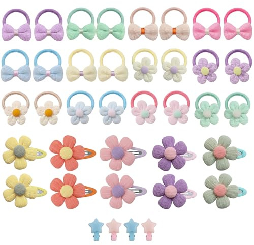 38 Stück Haargummis mit Schleifen/Blumen, farbig, elastisch, für Mädchen