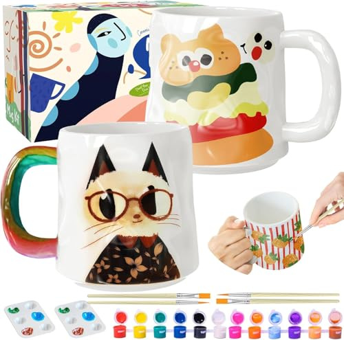 Juego de pintura de cerámica, juego de tazas para pintar, incluye tazas, pinceles, pinturas e instrucciones para pintar, juego de alfarería para el hogar, kit de manualidades para adultos (Ondulado)