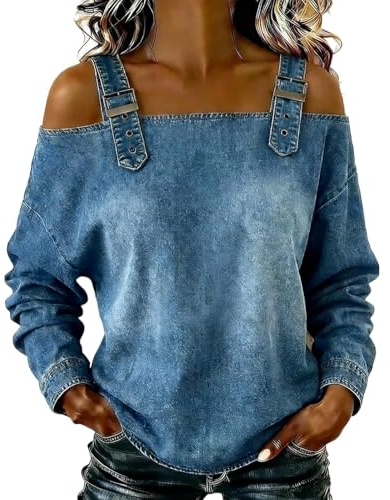 Women's Casual Washed Denim Cold Shoulder Buckle Strap Long Sleeve Blouse, Off-The-Shoulder Strapless Denim Shirt Top (Blue,Large)