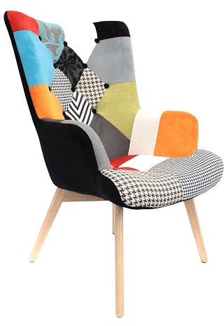 HOME DECO FACTORY - Fauteuil Patchwork Multicolore Design Scandinave - Confortable pour Salon/Salle à Manger - Structure Bois - Tissu Polyester - 66 x 99,5 x 72 cm - Orange - Collection Helsinki