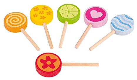 goki 51554 Lollies – uppsättning med 6 färgglada träklubbor, tillbehör för lekkök och köpmansbutiker