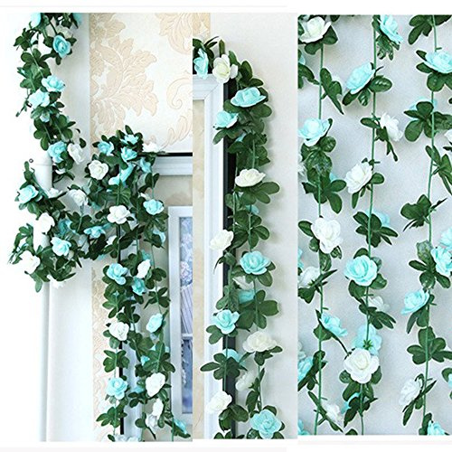 LumenTY 2 Stück 2.5 m künstliche Rosenreben künstliche Blumen Rattan Blumengirlande für Ihr Zuhause Hochzeiten Garten Geburtstag Feierlichkeiten zur Simulation Girlande Dekoration - Blau und weiß
