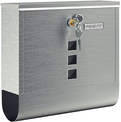 MONZANA® Briefkasten Kreuzschloss mit Kupfer-Schließzylinder drehbare Abdeckung 31x10x34 cm Sichtfenster Namensschild Zeitungsfach einfache Montage Edelstahl 2 Schlüssel Postkasten Silber