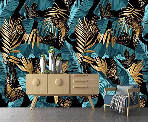 Papier Peint Panoramique Abstrait Bleu Or Plante Tropicale Feuille