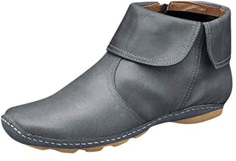 Stiefel Frauen Mode Flats Rutschfester Lederrei遶erschluss runde Zehen Freizeitschuhe Kn鯿hel (37,Grau)