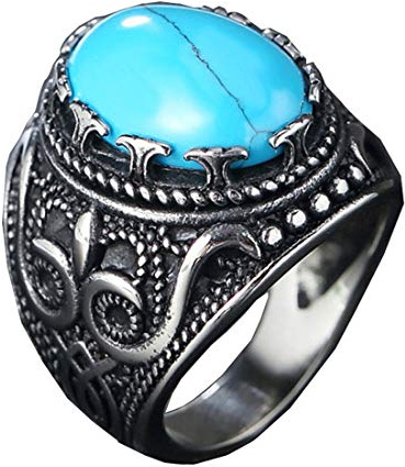 HIJONES Herren Jahrgang Luxus Oval Blau Türkis Stein Ring aus Edelstahl Gotisch Geschnitzt Muster Silber Größe 60