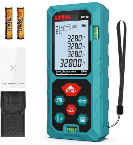 Laser Distance Measure 100m/328ft with 2 Bubble Levels,M/In/Ft Unit switching Backlit LCD,99 Sets Data Storage and Pythagorean Mode, Measure Distance, Area and Volume Kiprim LD100