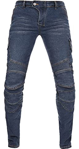 Biker Jeans Herren Motorrad Racing Hose verstärkt mit Aramid Schutz mit 4 x Upgrade Knie Hüfte Pads, blau, XL
