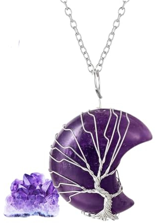 HALUKAKAH Collar de Piedras de Cristal para Mujer Cuarzo Amatista Platinado Latón Hecho a Mano Árbol de la Vida Forma de Luna Colgante de 30x40mm, con Cadena de 50cm