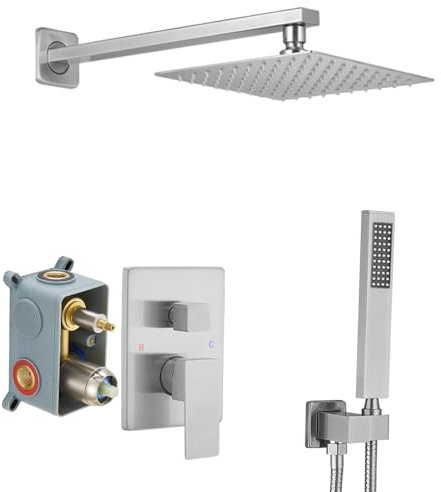 Heable Brushed Nickel Shower System Brass Bathroom Luxury Rain Mixer Shower Combo Set Wall Mounted Rainfall Shower Head System Shower Faucet Rough-in Valve Body and Trim Included