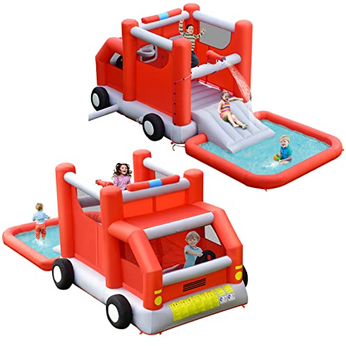 DREAMADE Aufblasbare Hüpfburg, Wasserpark mit Kabine & Sprungbereich & Wasserrutsche & Wasserbecken & Basketballkorb, 564 x 268 x 212cm Wasserspielcenter für Kinder ab 3 Jahren (ohne Gebläse)