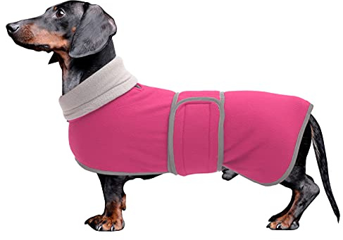 MOREZI Winterhundejacke mit wattiertem Flusenfutter, verstellbarem Klettknopf und hochklappbarem Stehkragen. Sehr gut geeignet für Dackel und kleine und mittelgroße Jagdhunde-Pink-XS