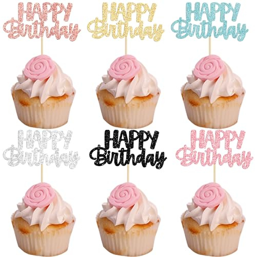 Gyufise 24Pcs Happy Birthday Cupcake Toppers Glitter Birthday Cupcake Food Picks for Celebrating Happy Birthday Party Cake Decorations Supplies Six Colors