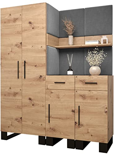 MEBLE KRYSPOL Garderobe Artin Set 7 mit gepolsterten Paneelen Industriell Design (Artisan Eiche + Manila 16 (Grau))