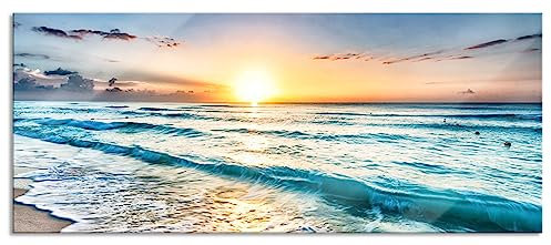 Pixxprint Quadro panoramico in vetro vero vetro mare al tramonto, 100 x 40 cm, con sospensione e distanziatore