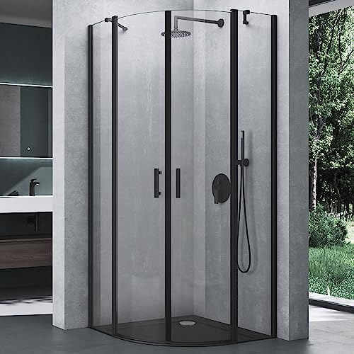 Mai & Mai Duschkabine Viertelkreis mit 2 Drehtüren 90x90cm | Duschabtrennung Dusche 6mm ESG-Sicherheitsglas Nano-Beschichtung inkl. Duschtasse Ravenna52K Schwarz