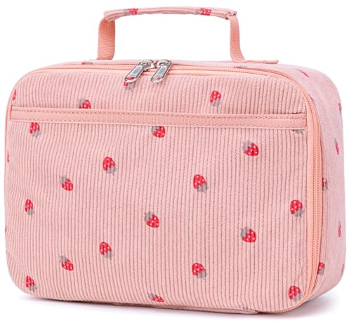 Bluboon Kids Girls Corduroy Pink Strawberry Lunch Box for School