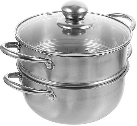 UTHCLO Stainless Steel 2 Tier Steam Pot Glass Lid 18cm Multi-Layer Steamer Pan Large Capacity Cookware for Induction and Gas Hobs Easy Clean Food Basket for Vegetables Dumplings Random Style