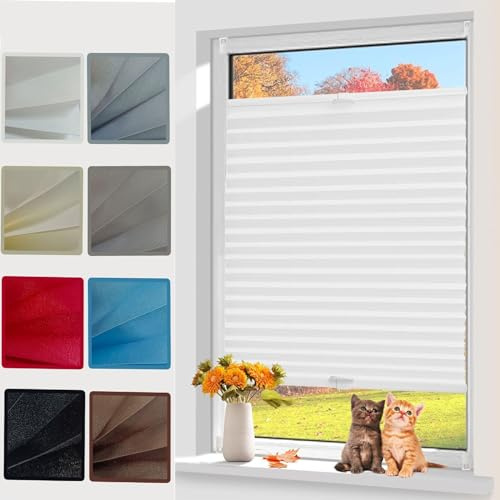 Plissee ohne Bohren nach maß, 80 x 100 cm Blickdicht Easyfix lichtdurchlässig Jalousie Plisseerollo Faltrollo Rollo Blickdichtes Falt-Rollo, für Fenster ohne Bohren, Weiß