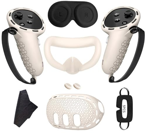 HMHAMA VR Silikon-Schutzhüllen-Set für Meta Quest 3, inklusive VR-Headset-Shell, Controller-Griffabdeckung, VR-Gesichtsabdeckung, Objektivabdeckung, Wippkappe, 5 Stück Einweg-Augenabdeckungen