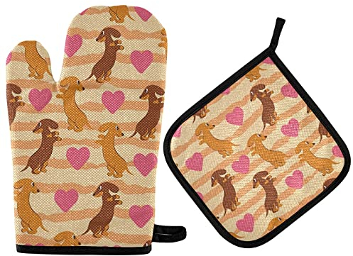 Ofenhandschuhe Hundewelpen Süßes Liebesherz Kochhandschuhe Thermoisolierung Grillhandschuhe Anti-Rutsch Topfhandschuhe Für BBQ Kochen Backen