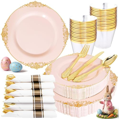 Nervure 175PCS Pink Plastic Plates - Disposable Pink Gold Party Plates & Pre Rolled Napkins with Cutlery for 25 Guests, 50Plates, 75Silverware, 25Cups, 25Napkin for Wedding & Party & Mothers Day