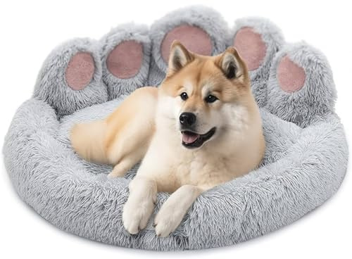pfoten&nasen® Bärenpfote Hundebett & Katzenbett [Hellgrau, XS-55cm] – Flauschiges Donut Katzenkörbchen Waschbar, Rund & Weich – Beruhigendes Kuschelbett für Kleine Hunde, Welpen & Katzen