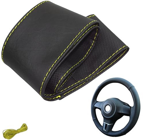 Lenkradbezug 4 Teilig Auto Lenkradhülle zum schnüren Nähen Sport Gepunktet M5N Schwarz Gelb Naht Universalgrösse 37-39 cm