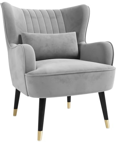 Vesgantti Velvet Accent Chair with Lumbar Pillow, Wing Back Large Armchair | Cuddle Chair for Living Room Bedroom Study Room Office, Grey