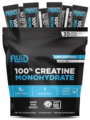 Fluid Creatine - Informed Sport Certified | Ultra-Fine Micronized 100% Creatine Monohydrate Powder | Unflavored | 5g Travel Stick Packs | 30 Servings