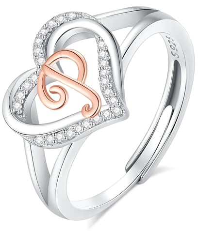 INFUSEU Anillo Iniciales, Plata de Ley 925 Anillos Abiertos Letras P Forma Corazón Nombre Inicial Alfabeto A-Z Joyería Personalizada Ajustable Regalos para Mujeres Damas Niñas