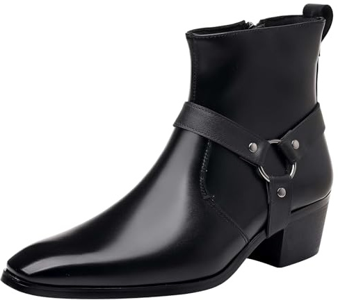 ANUFER Hombre Tacón de Bloque Medio Botines Correas de Remache Punk Cremallera Lateral Botas de Motero Negro SN0708263 EU39