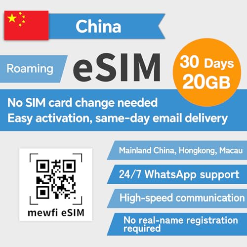 eSIM for China Travel 30 Days 20GB- Mainland China, Hongkong, Macau - for esim Compatible Unlocked Smartphones – 4G Support - No Phone number/Calls/SMS (eSIM - 30 Days 20GB)