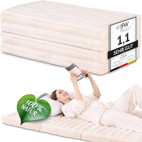 Namasdee Klappmatratze 200x90x8cm mit 100% natürlicher Kapokfüllung (Weiß Uni)