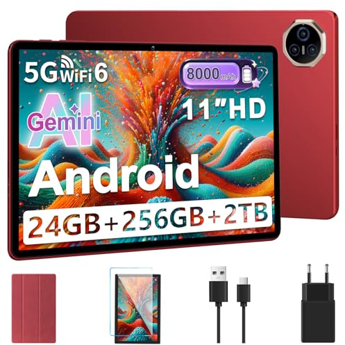 Dghrti Tablet 11 Inch, Android Tablets, 24GB RAM+256GB ROM (2TB TF), FHD IPS, Octa-Core, UFS 2.2 Flash, 8000mAh, 5MP+13MP, Dual WiFi, PGS, Widevine L1, Face ID, with Metallic Case-Rojo