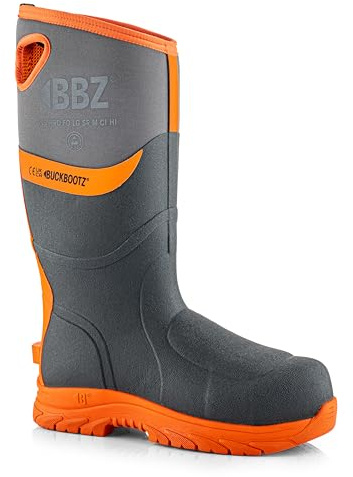 Buckbootz BBZ9000 FULL SAFETY WATERPROOF WELLINGTON BOOT METATARSAL PROTECTION & 360 REFLECTIVE (Grey with hi vis orange, UK Footwear Size System, Adult, Men, Numeric, Wide, 7)