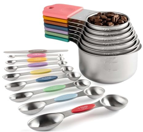 Huudngeje Juego de 16 Tazas y Cucharas Medidoras Magnéticas de Acero Inoxidable, 7 Tazas Resistentes, 8 Cucharas de Doble Cara con Nivelador Multicolor