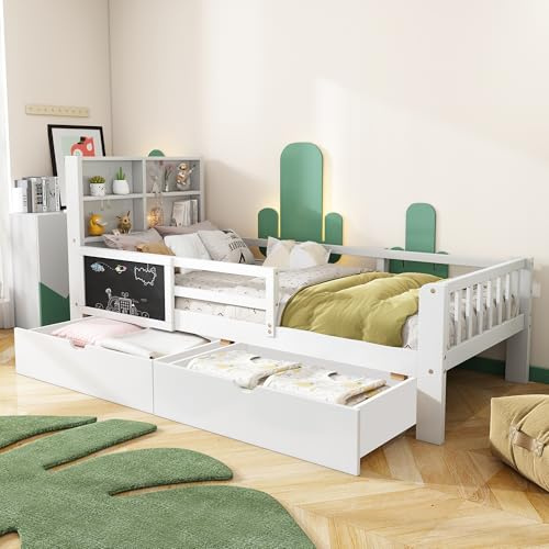 KEYIDE Kinderbett 90x200 cm, Holzbett mit Stauraum Schubladen & Ablagefach & Bücherregal, Kopfteil mit Stauraum, Jugendbett Funktionsbett Bettgestell, Ohne Matratze, Weiß (Weiß)