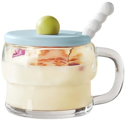 Tazze da Caffè 300ml, Tazze Colazione con Coperchio e Cucchiaio, Tazzine Caffe Vetro, Tazza per il Succo, Tazza Caffè Vetro per Latte, Caffè, Avena, Yogurt, Fiocchi D'avena (Trasparente)