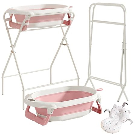 UBRAVOO Babybadewanne mit Ständer, faltbare Babybadewanne mit Thermometer und Badekissen, ergonomisches Kissen und Abflussöffnung, langlebig, ideal für Neugeborene und Babys bis zu 12 Monaten (Rosa)
